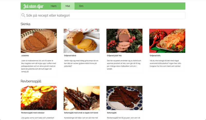 A screenshot showing a website with the title "Jul utan djur" and a grid displaying pictures of food with text underneath.